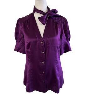 Banana Republic Silk Button Down Shirt Sz M Purple Tie Neck Luxury Workwear